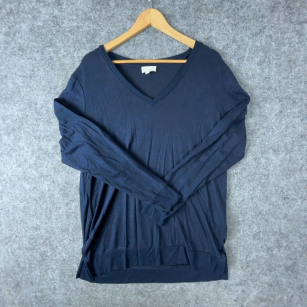 Lucky Brand Sweater Women Large Navy Blue Stretch V-Neck Pullover Basic Layer